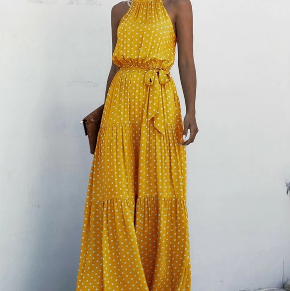 Yellow Polka Dot Sleeveless Halter Maxi Dress - Picture 2 of 6